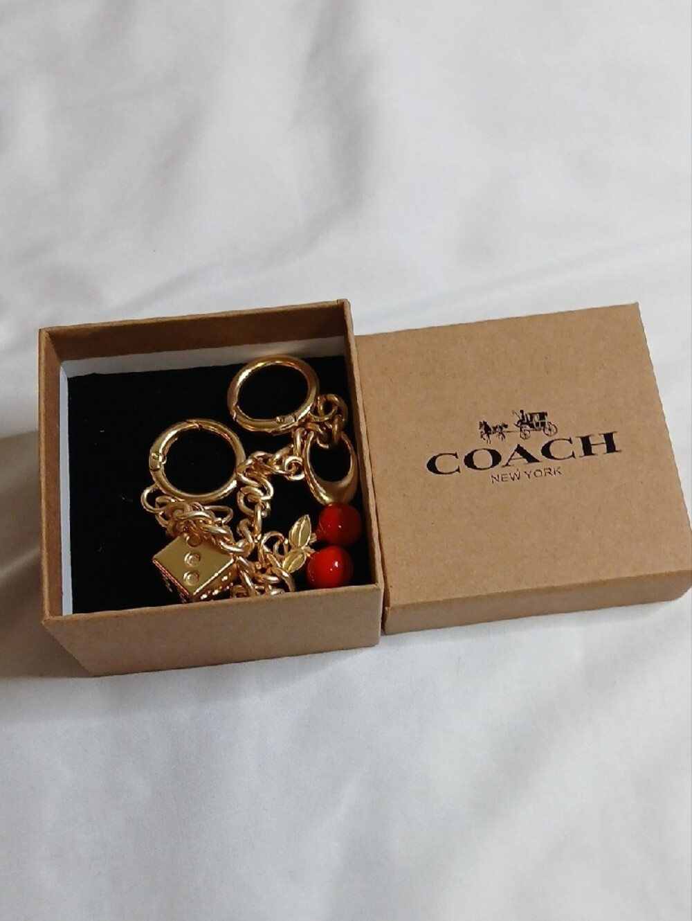 Coach Gold-Tone Motif Chain Bag Charm with Red Cherry and Dice - Picture 4 of 4